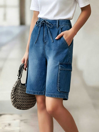 Effortless Blue Denim Cargo Jean Shorts for Women with High Waist Tie Waist Utility Pockets