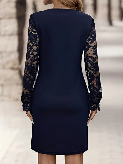 Elegant Sea Blue Lace Long Sleeve Wedding Dress for Women with Scalloped V Neck Bodycon Cocktail Style