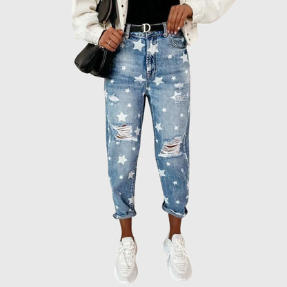 Effortless Blue Star Print Jeans for Women with High Waisted Distressed Baggy Relaxed Casual Style