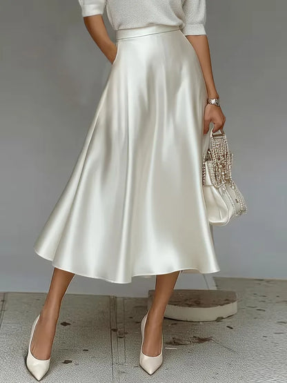 Elegant Satin Midi Skirt for Women with High Waist A Line Pocket Flowing Style