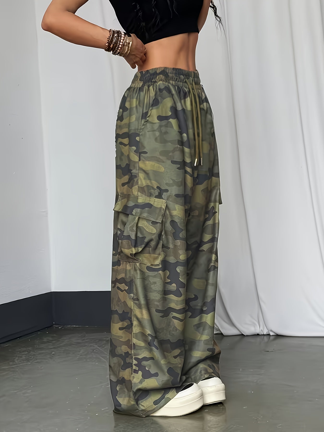 Effortless Camo Pants for Women with High Waist Drawstring Cargo Pocket Wide Leg Relaxed Style