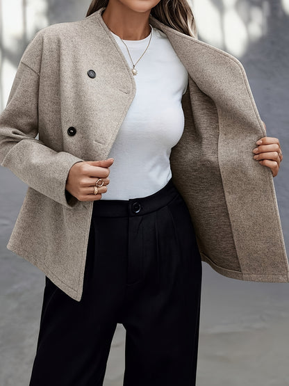 Elegant Apricot Wool Pea Coat for Women with Stand Collar Long Sleeve Double Breasted Oversized Style