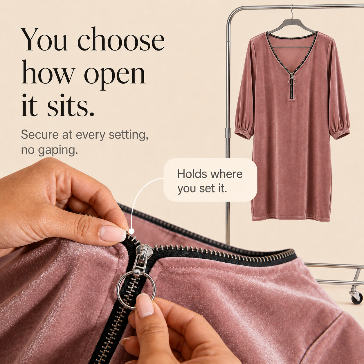 Effortless Velvet Mini Dress for Women with Zip Front V Neck Elbow Sleeve Relaxed Fall Style