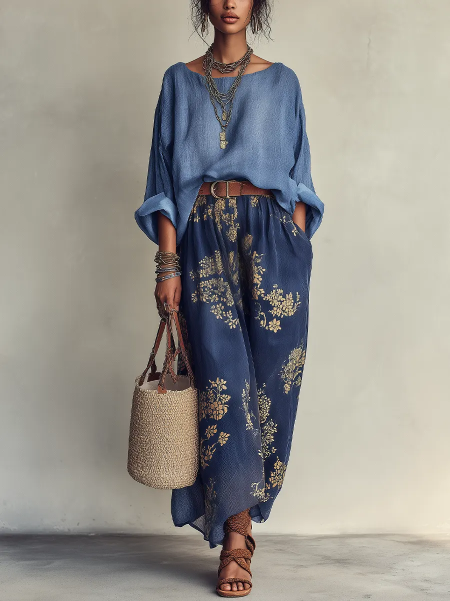 Effortless Navy Floral Maxi Skirt Set for Women with Boat Neck Batwing Sleeve Oversized Blouse Two Piece Style