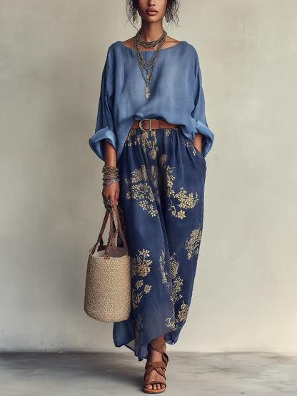 Effortless Navy Floral Maxi Skirt Set for Women with Boat Neck Batwing Sleeve Oversized Blouse Two Piece Style