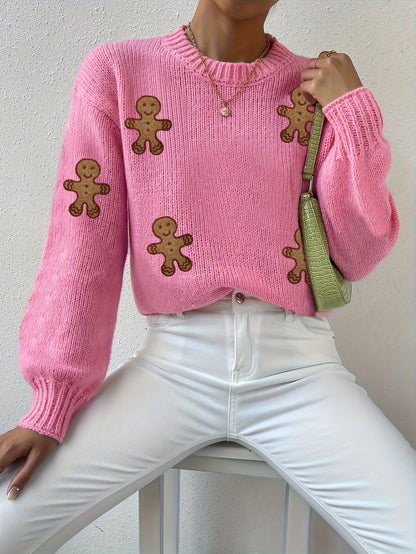 Cozy Pink Gingerbread Christmas Tacky Sweater for Women with Crew Neck Long Sleeve Knit Pullover Holiday Style