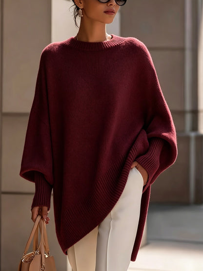 Comfortable Apricot Knit Fall Oversized Sweater for Women with Crew Neck Batwing Sleeve Ribbed Hem Relaxed Style