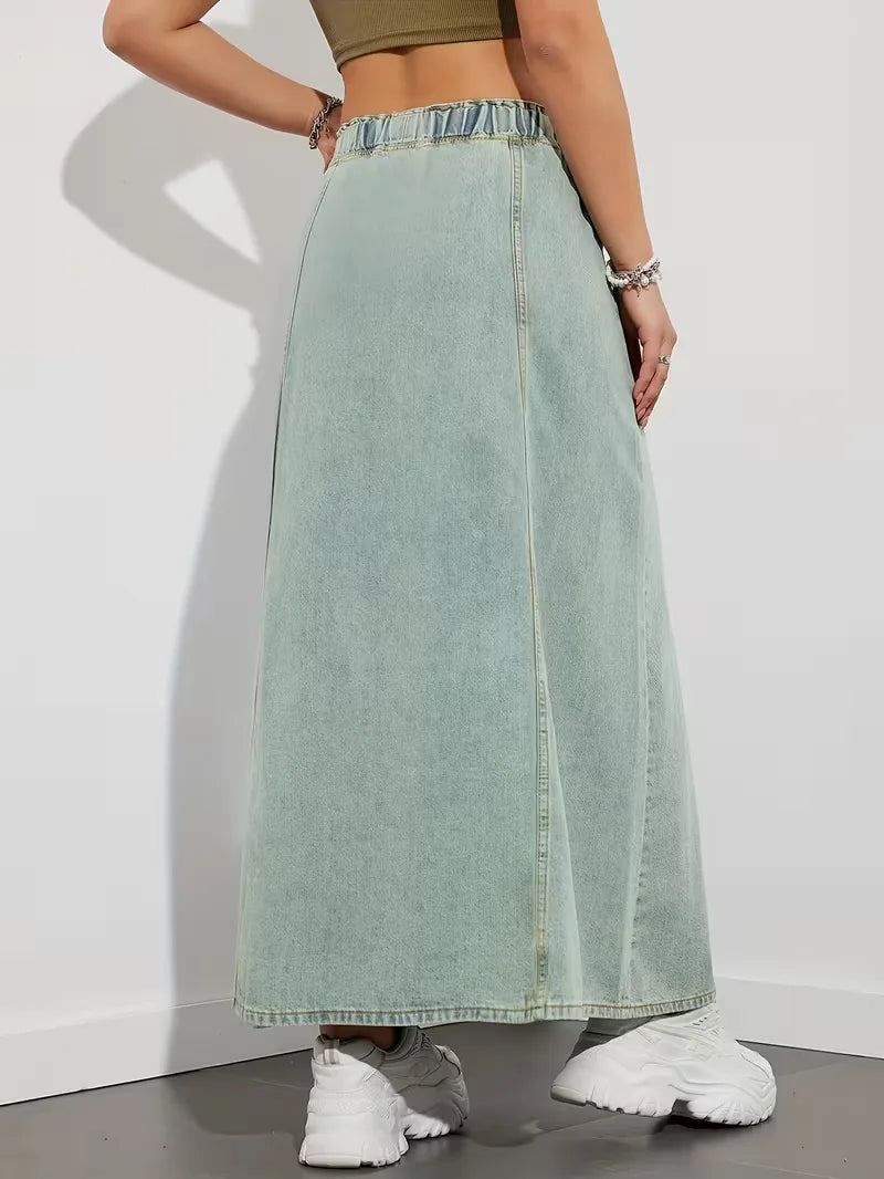 Effortless Denim Skirt for Women with High Waist Drawstring A Line Side Slit Style