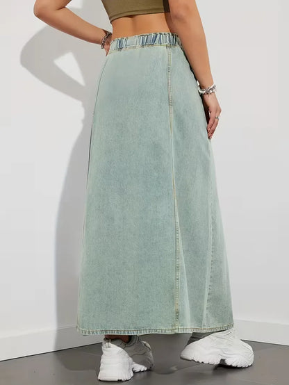 Effortless Denim Skirt for Women with High Waist Drawstring A Line Side Slit Style