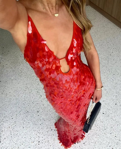 Elegant Red Sequin Dress for Women with V Neck Spaghetti Strap Cutout Mermaid Sparkle Formal Party Style