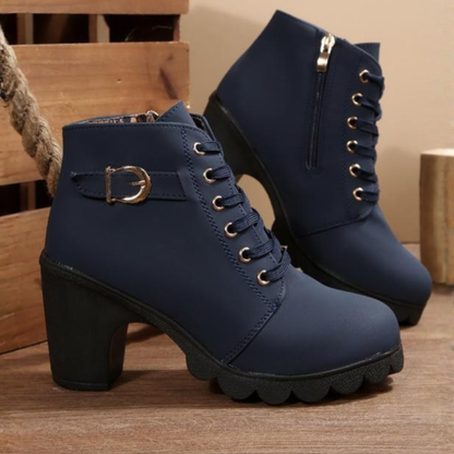 Stylish Suede Lace Up Women Boots with Buckle Strap Chunky Heel Ankle Style