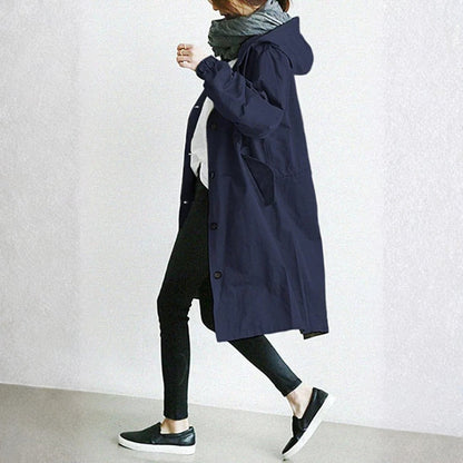 Effortless Oversized Trench Coat for Women with Hooded Long Sleeve Button Front Longline Style