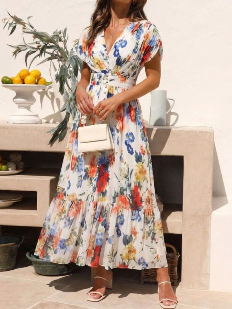 Elegant Ivory Floral Pleated Fall Wedding Guest Dress for Women with V Neck Dolman Sleeve Tiered Ruffle Flowing Style
