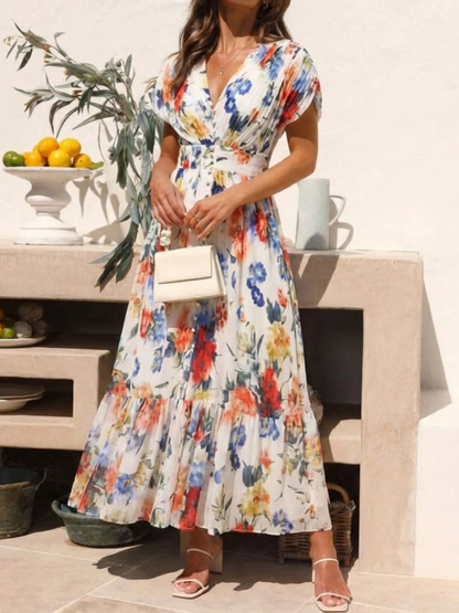 Elegant Ivory Floral Pleated Fall Wedding Guest Dress for Women with V Neck Dolman Sleeve Tiered Ruffle Flowing Style