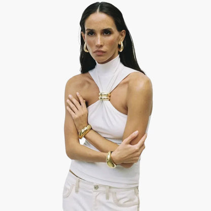 Elegant Halter Top for Women with High Neck Sleeveless Ring Hardware Cutout Style