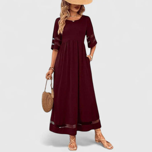 Elegant Red Midi Dress for Women with Round Neck Elbow Sleeve Mesh Trim Smocked Waist Casual Style
