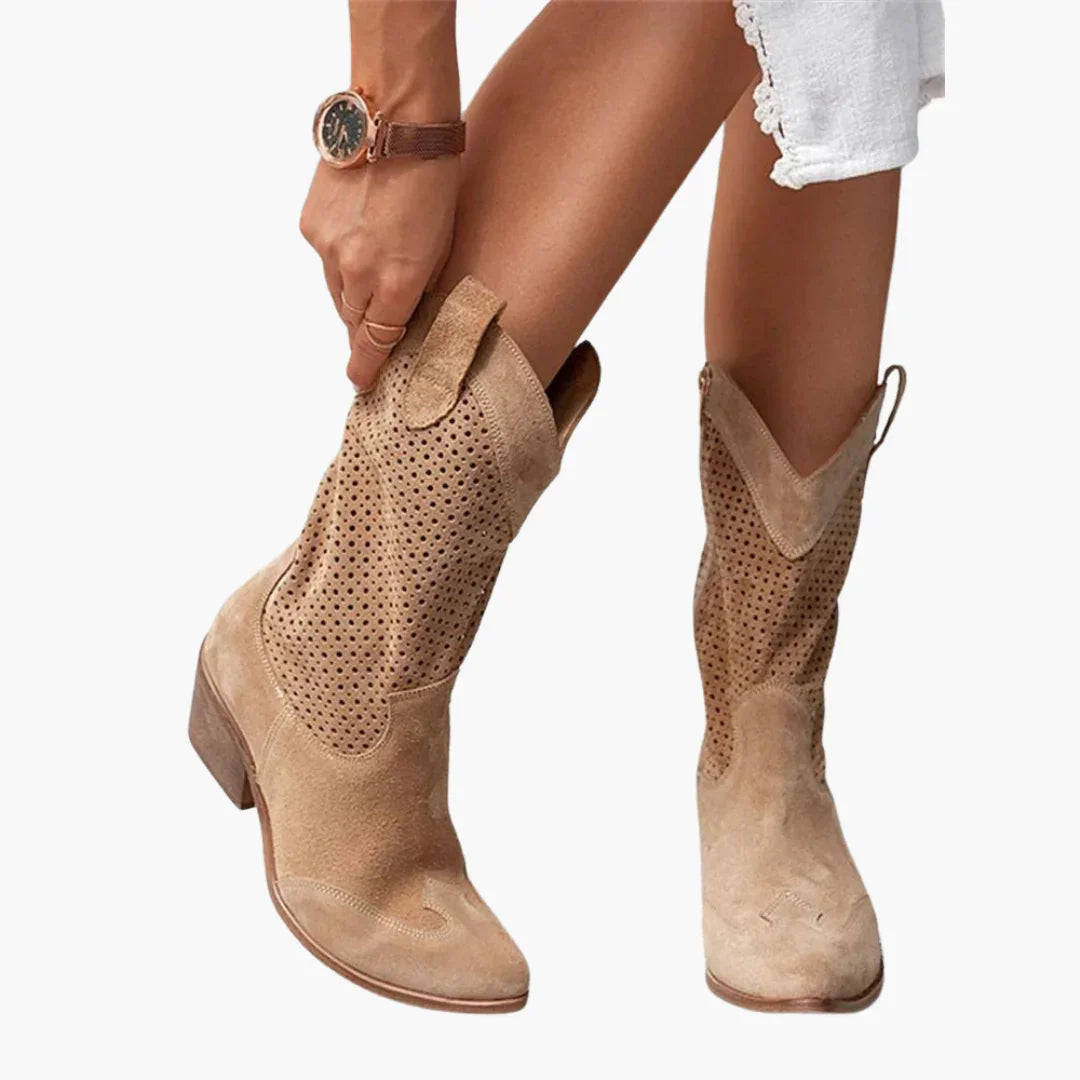 Stylish Perforated Leather Women's Boots for Women with Pointed Toe Block Heel Western Cowboy Style