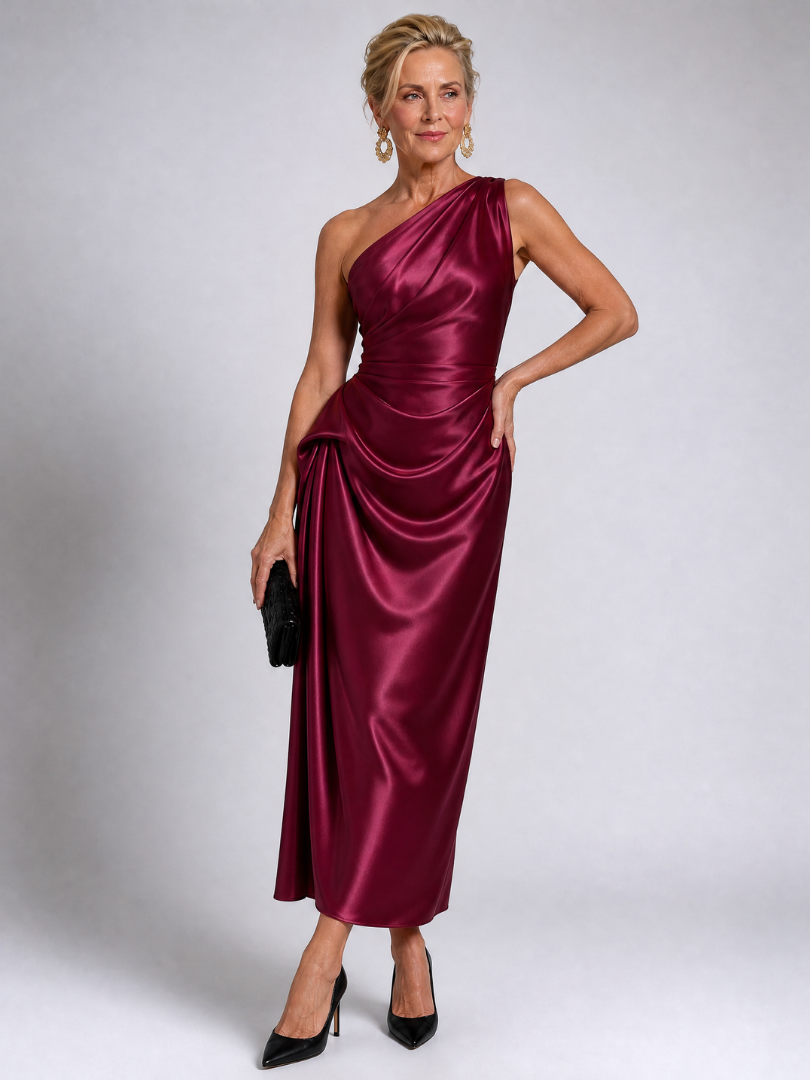 Elegant Satin Midi Dress for Women with One Shoulder Draped Ruched Waist Formal Wedding Guest Style