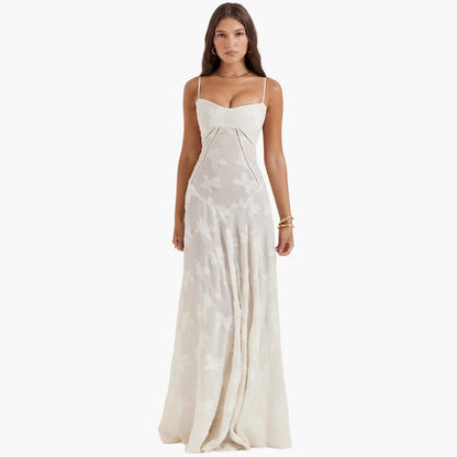 Elegant White Dress for Women with Sweetheart Neckline Spaghetti Strap Butterfly Jacquard Maxi Flowing Style