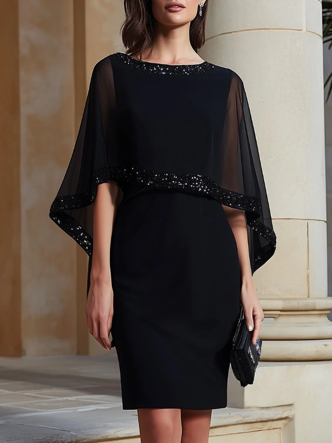 Elegant Black Mini Dress for Women with Round Neck Cape Sleeve Sequin Trim Bodycon Cocktail Style