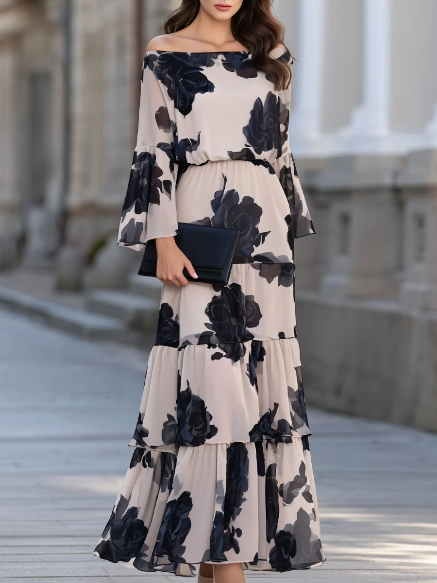 Elegant Beige Floral Off-Shoulder Tiered Maxi Dress for Women with Bell Sleeve Ruffle Hem Flowing Bohemian Style