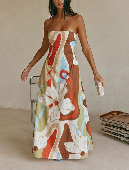 Effortless Beige Floral Maxi Dress for Women with Strapless Bodice Summer Style