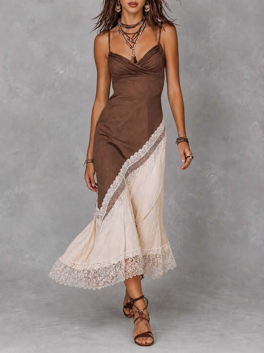 Elegant Brown Maxi Dress for Women with Lace Trim Two Tone Slit