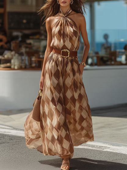 Elegant Brown Halter Maxi Dress for Women with Twist Neck Belted Waist Geometric Print Flowy Style