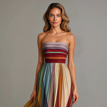 Elegant Multicolor Striped Maxi Dress for Women with Strapless Pleated Skirt Formal Wedding Guest Style