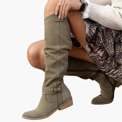 Chic Suede Knee High Boots for Women with Slouchy Shaft Side Zip Buckle Detail Casual Style