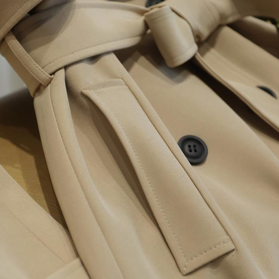 Elegant Longline Trench Coat for Women with Lapel Collar Long Sleeve Belted Double Breasted Style