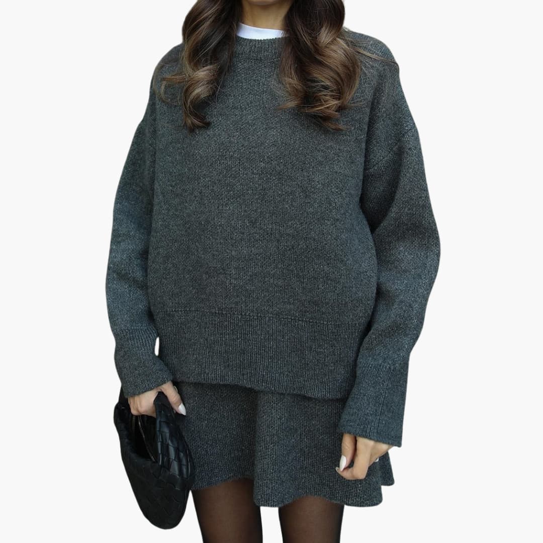 Chic Black Knit Two Piece Set for Women with Crew Neck Sweater High Waist Mini Skirt Lounge Style