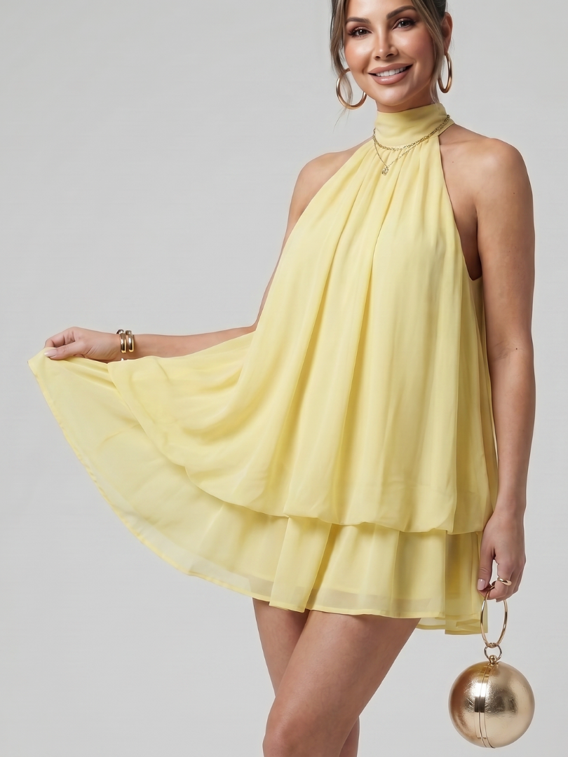 Elegant Dress for Women with High Neck Sleeveless Tiered Ruffle Flowing Cocktail Style