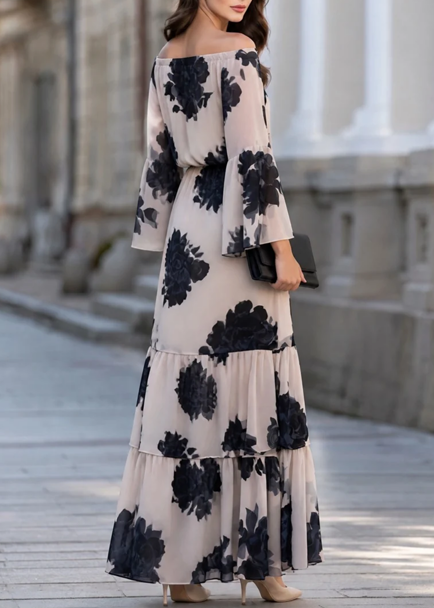 Elegant Beige Floral Off-Shoulder Tiered Maxi Dress for Women with Bell Sleeve Ruffle Hem Flowing Bohemian Style