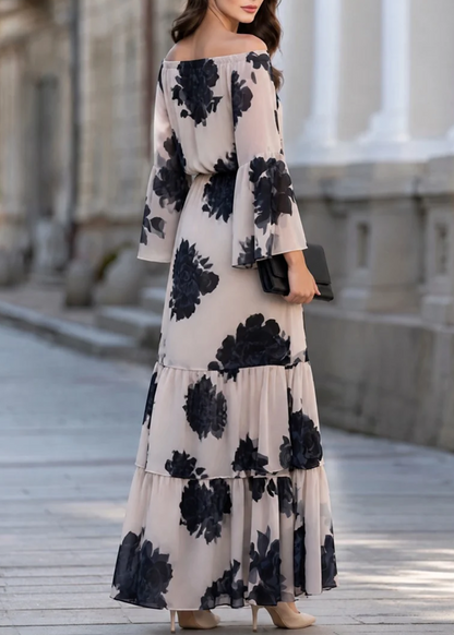 Elegant Beige Floral Off-Shoulder Tiered Maxi Dress for Women with Bell Sleeve Ruffle Hem Flowing Bohemian Style