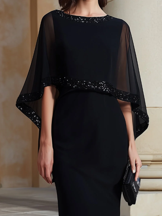 Elegant Black Mini Dress for Women with Round Neck Cape Sleeve Sequin Trim Bodycon Cocktail Style