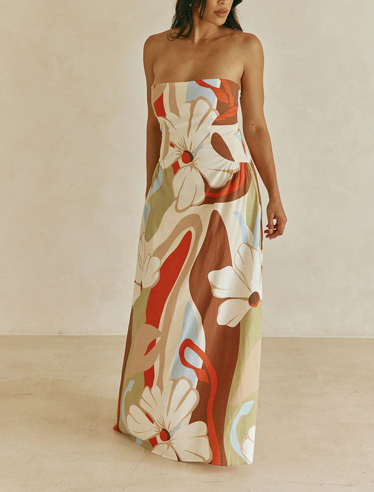 Effortless Beige Floral Maxi Dress for Women with Strapless Bodice Summer Style