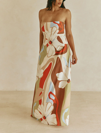 Effortless Beige Floral Maxi Dress for Women with Strapless Bodice Summer Style