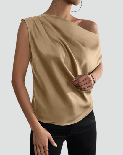 Elegant Satin Off The Shoulder Top for Women with Draped Asymmetric Sleeveless Silky Style