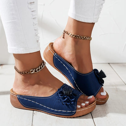Comfortable Orthopedic Sandals for Women with Flower Detail Perforated Upper Wedge Platform Slip On Casual Style