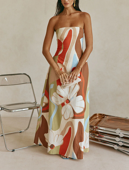 Effortless Beige Floral Maxi Dress for Women with Strapless Bodice Summer Style
