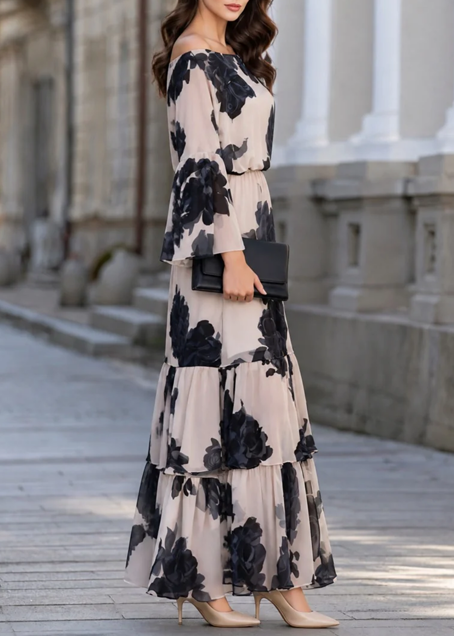 Elegant Beige Floral Off-Shoulder Tiered Maxi Dress for Women with Bell Sleeve Ruffle Hem Flowing Bohemian Style