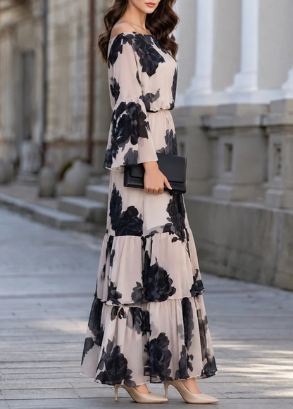 Elegant Beige Floral Off-Shoulder Tiered Maxi Dress for Women with Bell Sleeve Ruffle Hem Flowing Bohemian Style