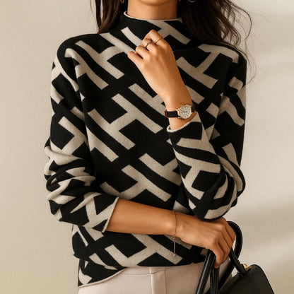Elegant Mock Neck Sweater for Women with Long Sleeve Geometric Print Knit Relaxed Style