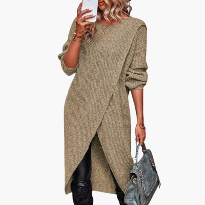 Cozy Grey Sweater Dress for Women with Crew Neck Long Sleeve Knit Wrap Front Tunic Style