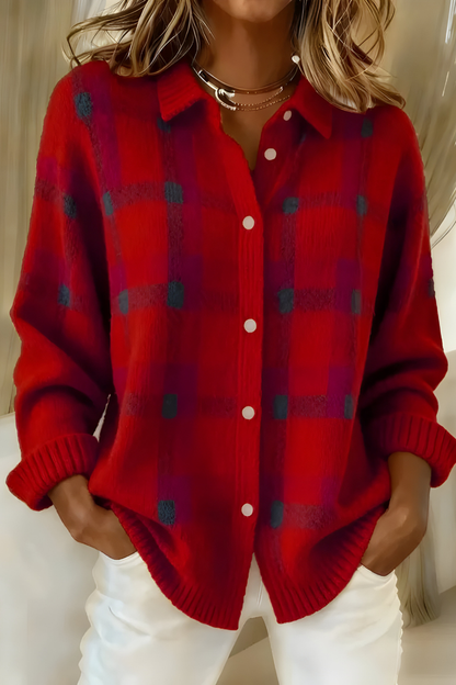 Comfortable Plaid Cardigan for Women with Collar Long Sleeve Button Front Oversized Knit Style