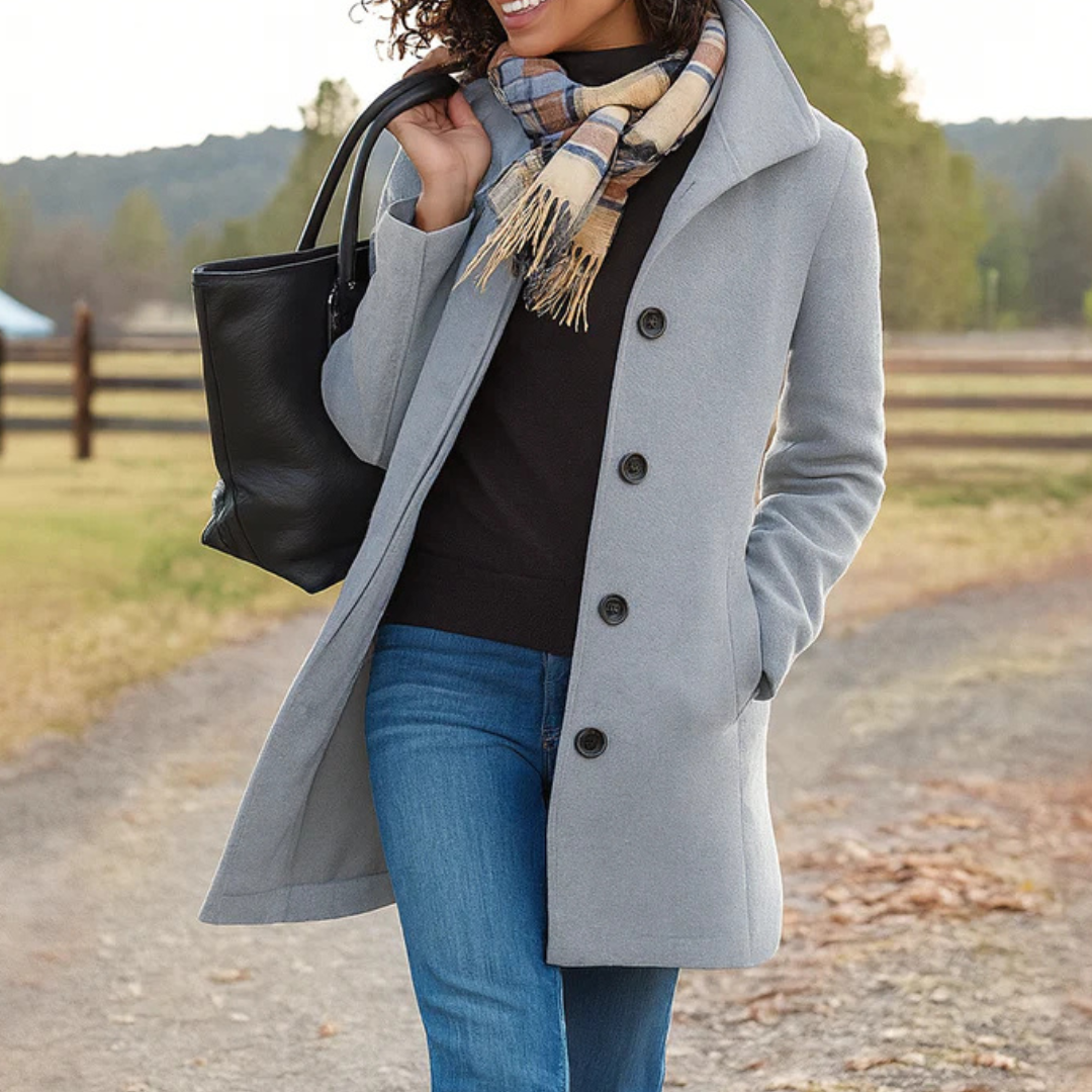 Elegant Wool Coat for Women with Notch Collar Long Sleeve Button Front Tailored Style