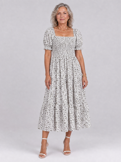 Effortless Floral Midi Dress for Women with Square Neck Puff Sleeve Smocked Bodice A Line Casual Style