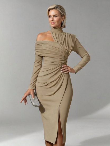 Elegant Midi Dress for Women with Mock Neck One Shoulder Long Sleeve Ruched Fitted Formal Wedding Guest Style