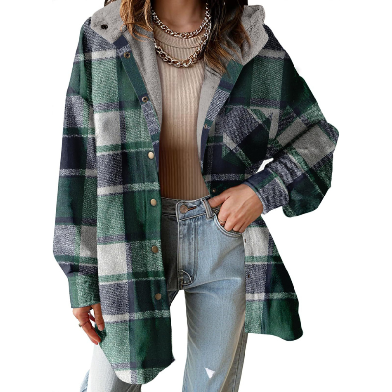 Cozy Plaid Shacket for Women with Hooded Collar Long Sleeve Flannel Button Front Oversized Style